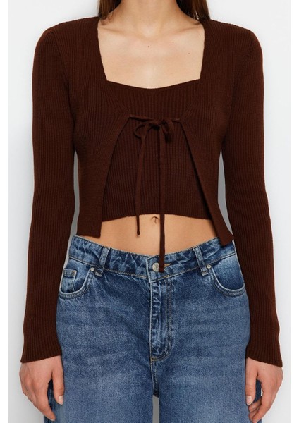 Kadın Moda Şık Crop V Yaka Slim Crop Bağlama Detaylı Bluz-Hırka Triko Takım indirimleri