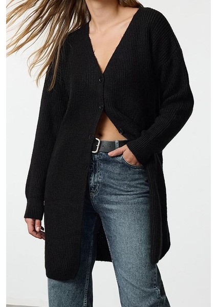Kadın Moda Şık Midi V Yaka Regular Uzun Basic Triko Hırka