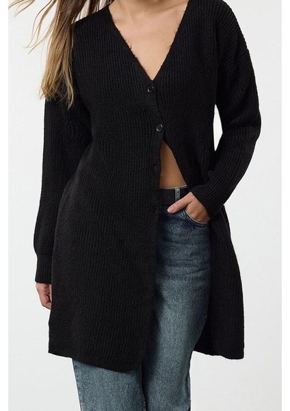 Kadın Moda Şık Midi V Yaka Regular Uzun Basic Triko Hırka