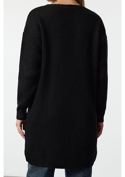 Kadın Moda Şık Midi V Yaka Regular Uzun Basic Triko Hırka