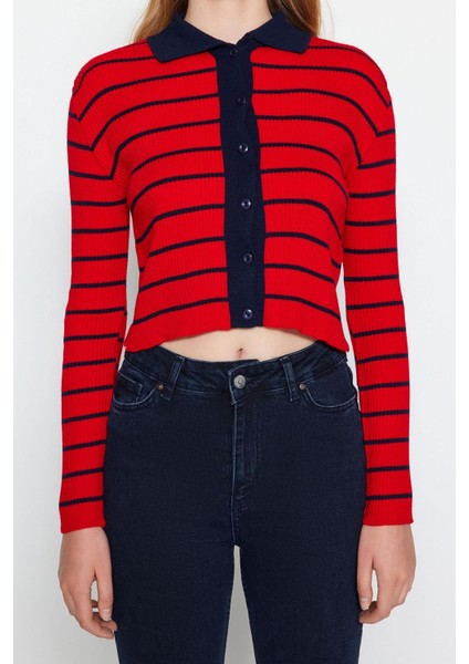 Kadın Moda Şık Crop Polo Yaka Slim Crop Çizgili Polo Yaka Triko Hırka