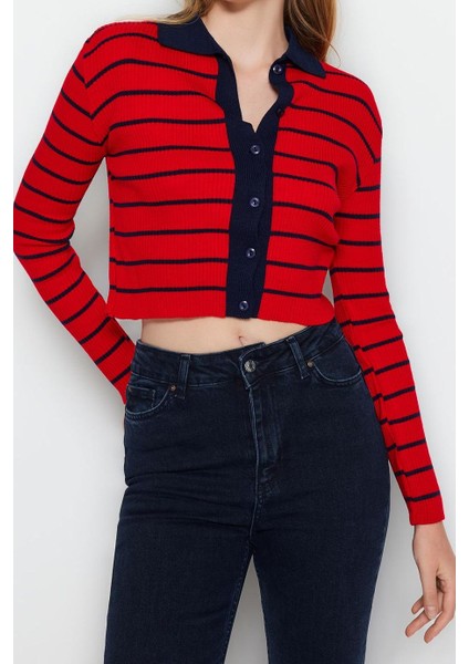 Kadın Moda Şık Crop Polo Yaka Slim Crop Çizgili Polo Yaka Triko Hırka