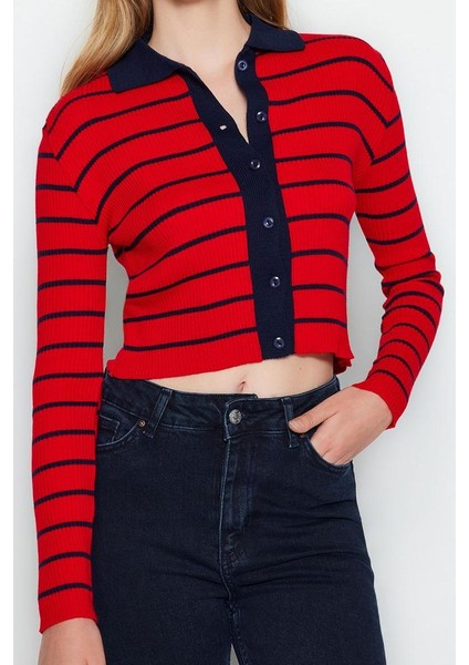 Kadın Moda Şık Crop Polo Yaka Slim Crop Çizgili Polo Yaka Triko Hırka