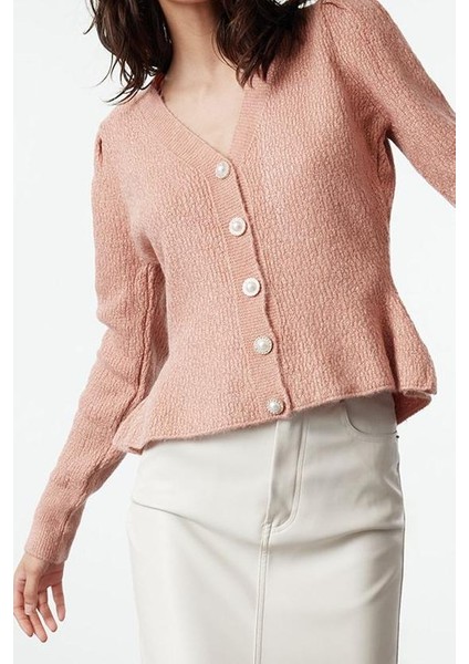 Kadın Moda Şık Regular V Yaka Slim Etek Ucu Volanlı Triko Hırka modelleri