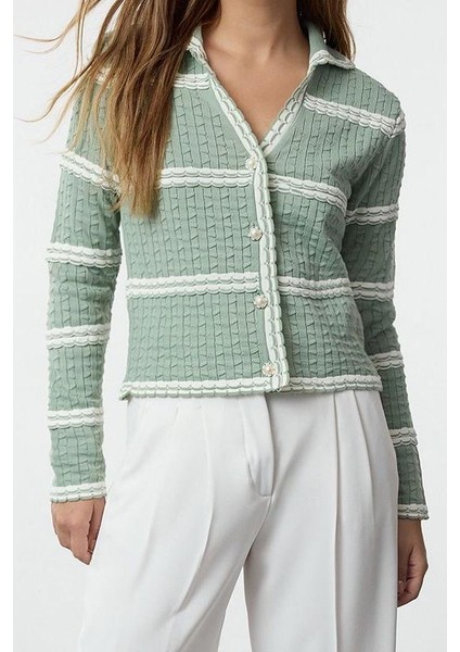 Kadın Moda Şık Regular Polo Yaka Regular Dokulu Çizgili Triko Hırka modelleri