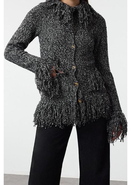 Kadın Moda Şık Regular Dik Yaka Regular Saçaklı Mont Görünümlü Triko Hırka modelleri