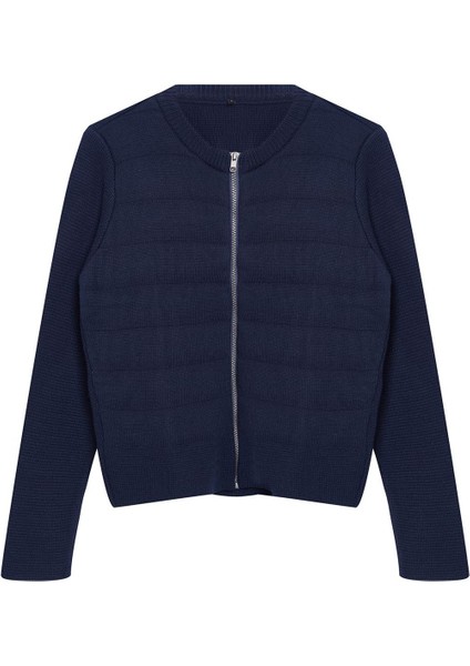 Kadın Moda Şık Regular Bisiklet Yaka Regular Fermuarlı Mont Görünümlü Triko Hırka