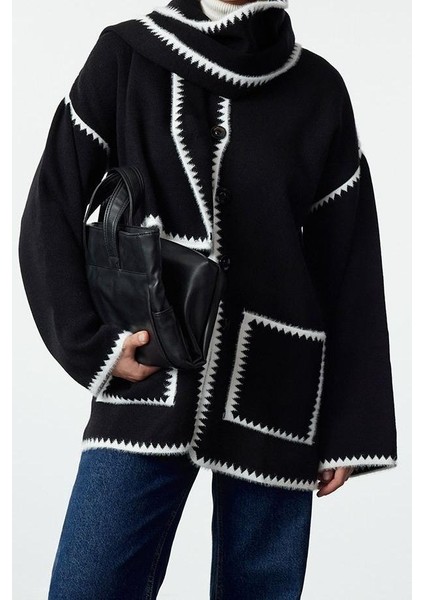 Kadın Moda Bisiklet Yaka Oversize Yumuşak Dokulu Atkılı Sakal Detaylı Mont Görünümlü Triko Hırka
