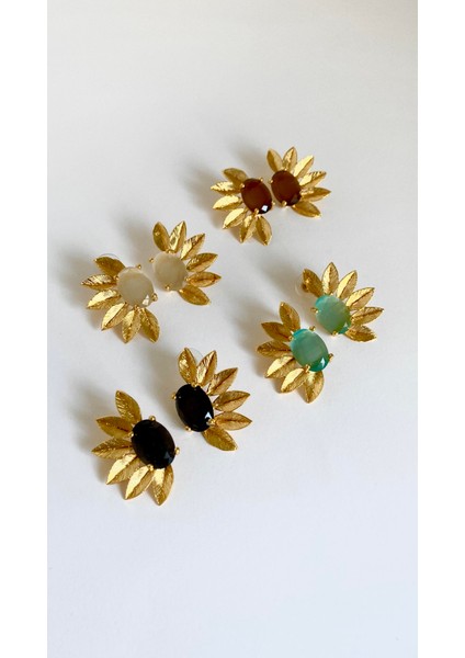 Kedi Gözü Taşlı Çiçek Küpe- Kahverengi