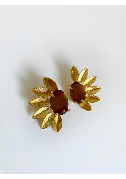 Kedi Gözü Taşlı Çiçek Küpe- Kahverengi fiyatları