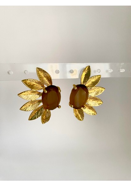 Kedi Gözü Taşlı Çiçek Küpe- Kahverengi modelleri