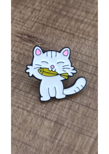 Balık Seven Kedi Rozet Model 3. Mineli, Metal. Broş, Pin. Kadın Broş.