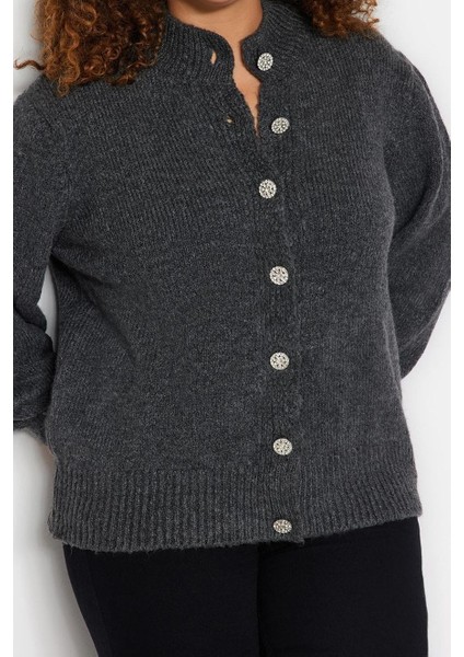 Büyük Beden Kadın Modern Tarz Rahat Uzun Bisiklet Yaka Düz Kol Triko Hırka