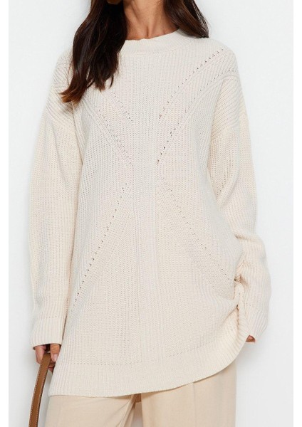 Kadın Modern Tarz Rahat Uzun Bisiklet Yaka Ajurlu Kol Regular Triko Kazak