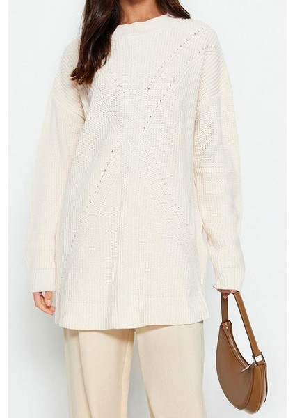 Kadın Modern Tarz Rahat Uzun Bisiklet Yaka Ajurlu Kol Regular Triko Kazak fiyatları