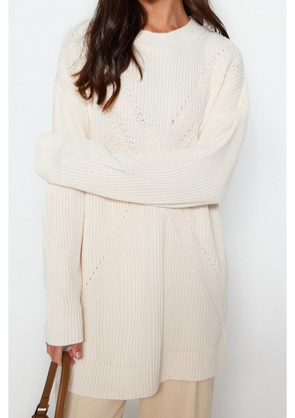 Kadın Modern Tarz Rahat Uzun Bisiklet Yaka Ajurlu Kol Regular Triko Kazak modelleri