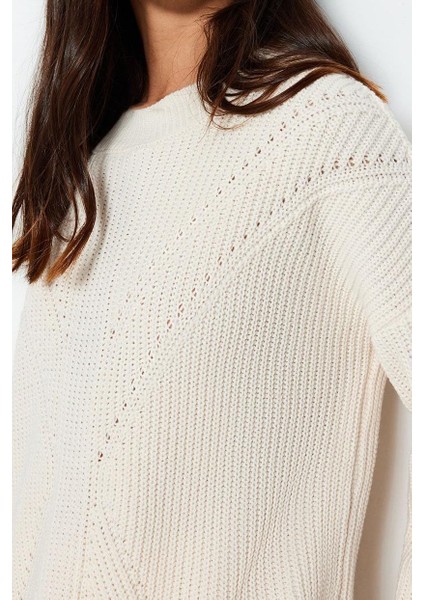 Kadın Modern Tarz Rahat Uzun Bisiklet Yaka Ajurlu Kol Regular Triko Kazak indirimleri