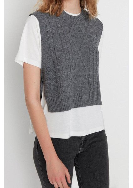 Kadın Modern Tarz Rahat Kolsuz Bisiklet Yaka Saç Örgü Kol Crop Triko Süveter