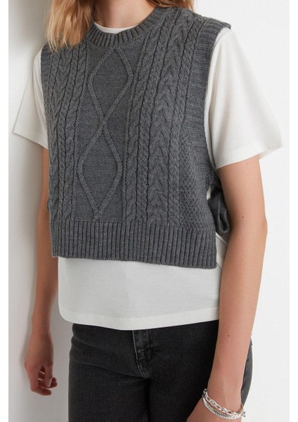 Kadın Modern Tarz Rahat Kolsuz Bisiklet Yaka Saç Örgü Kol Crop Triko Süveter modelleri