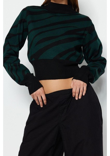 Kadın Modern Tarz Rahat Uzun Dik Yaka Zebra Kol Crop Triko Kazak