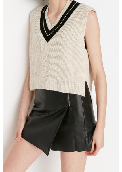 Kadın Modern Tarz Rahat Kolsuz V Yaka Renk Bloklu Kol Crop Triko Süveter