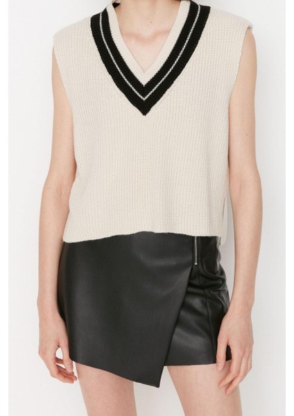 Kadın Modern Tarz Rahat Kolsuz V Yaka Renk Bloklu Kol Crop Triko Süveter modelleri