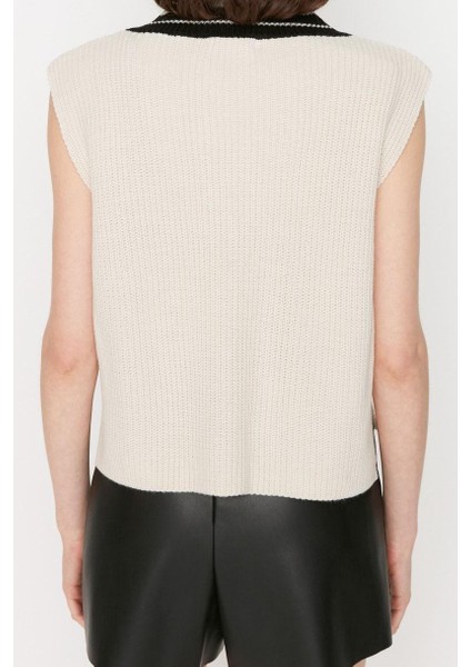 Kadın Modern Tarz Rahat Kolsuz V Yaka Renk Bloklu Kol Crop Triko Süveter fırsatları