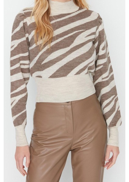 Kadın Modern Tarz Rahat Uzun Dik Yaka Zebra Kol Crop Triko Kazak