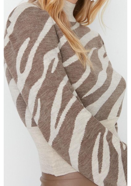 Kadın Modern Tarz Rahat Uzun Dik Yaka Zebra Kol Crop Triko Kazak modelleri