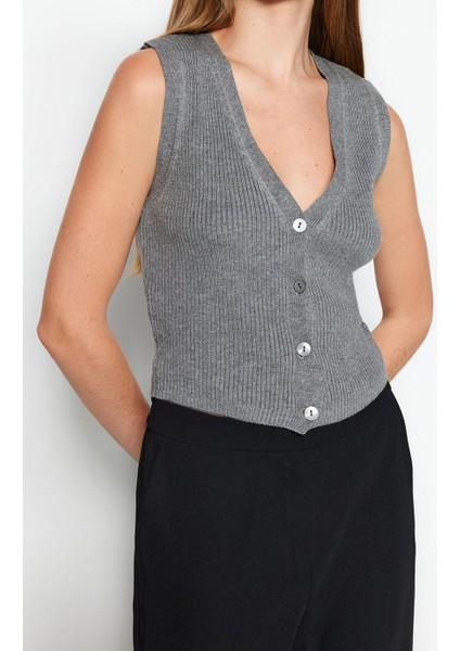 Kadın Modern Tarz Rahat Uzun V Yaka Düz Kol Regular Triko Yelek