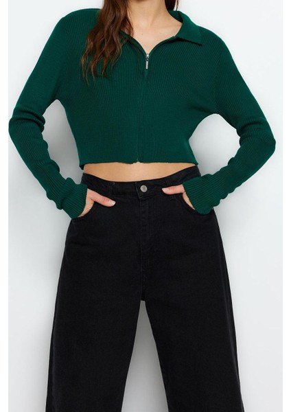 Kadın Modern Tarz Slim Polo Yaka Crop Triko Hırka modelleri