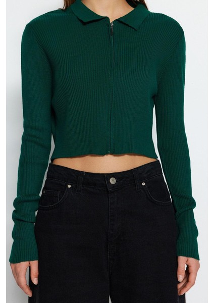 Kadın Modern Tarz Slim Polo Yaka Crop Triko Hırka indirimleri
