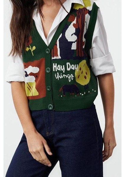 Kadın Modern Tarz Regular V Yaka Regular Triko Yelek