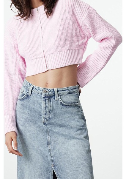 Kadın Modern Tarz Regular Bisiklet Yaka Crop Triko Hırka