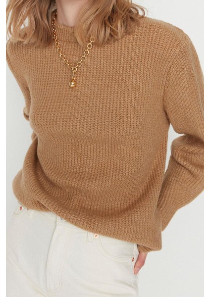 Kadın Modern Tarz Rahat Uzun Bisiklet Yaka Dokulu Kol Regular Triko Kazak