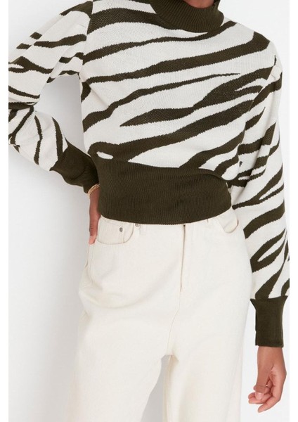 Kadın Modern Tarz Rahat Uzun Dik Yaka Zebra Kol Crop Triko Kazak modelleri