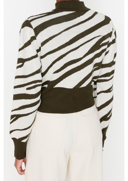 Kadın Modern Tarz Rahat Uzun Dik Yaka Zebra Kol Crop Triko Kazak fırsatları