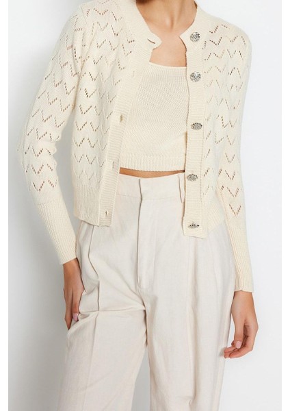 Kadın Modern Tarz Rahat Uzun Bisiklet Yaka Ajurlu Kol Düğme Detaylı Delikli Bluz Hırka Takım modelleri