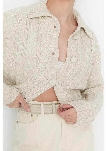 Kadın Modern Tarz Polo Yaka Crop Triko Hırka