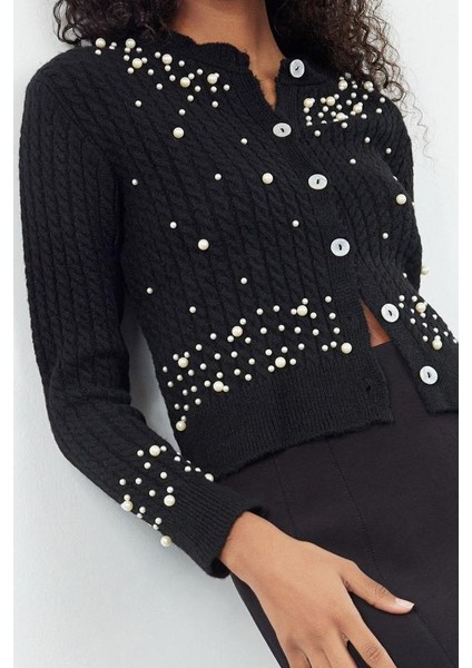Kadın Modern Tarz Slim Bisiklet Yaka Crop Triko Hırka