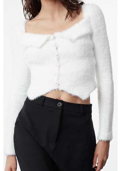 Kadın Modern Tarz Slim Havuz Yaka Crop Triko Hırka