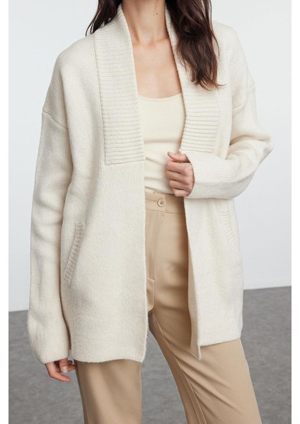 Kadın Modern Tarz Oversize Şal Yaka Midi Triko Hırka