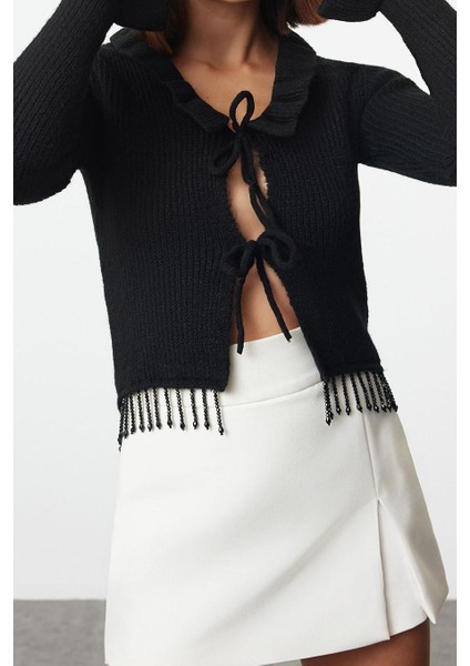 Kadın Modern Tarz Polo Yaka Crop Triko Hırka