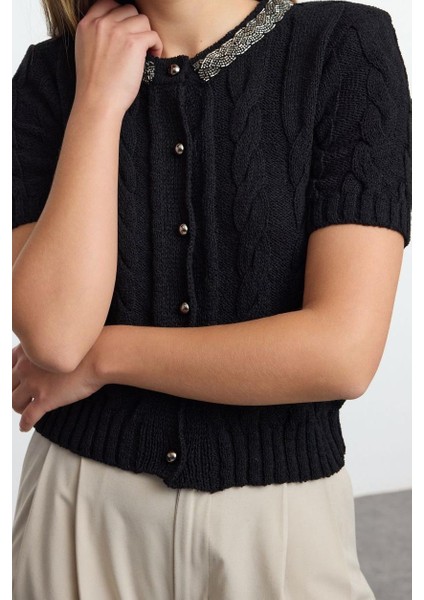 Kadın Modern Tarz Slim Bisiklet Yaka Crop Triko Hırka