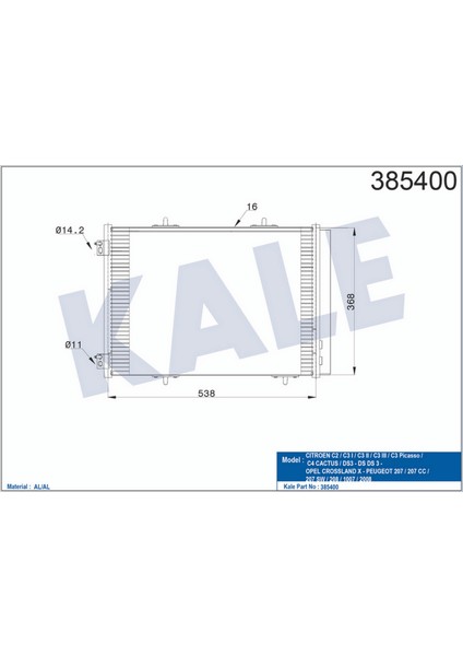 Klima Kondenseri 207 06 C3 09 Ds3 10 1.6hdi-1.6 16V Al/al 538X368X16 12