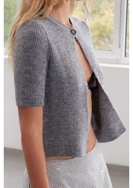 Kadın Modern Tarz Regular Bisiklet Yaka Crop Triko Hırka modelleri