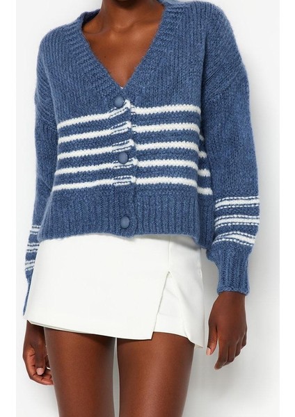 Kadın Modern Tarz Rahat Uzun V Yaka Çizgili Kol Triko Hırka