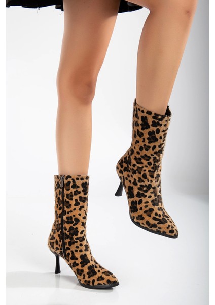 Kadın Leopar Ince Topuklu Streç Bot modelleri