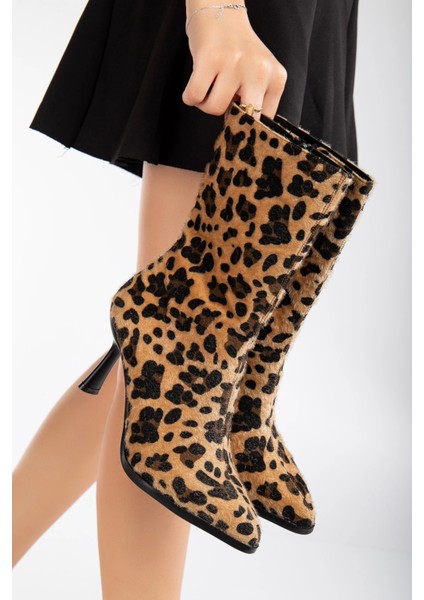 Kadın Leopar Ince Topuklu Streç Bot fırsatları