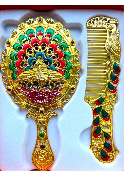 Ayna Tarak Seti, Tavuskuşu, Metal, Çeyizlik, Hediyelik Set, Mineli, Canlı Renkli Düğün Seti 15 x 13